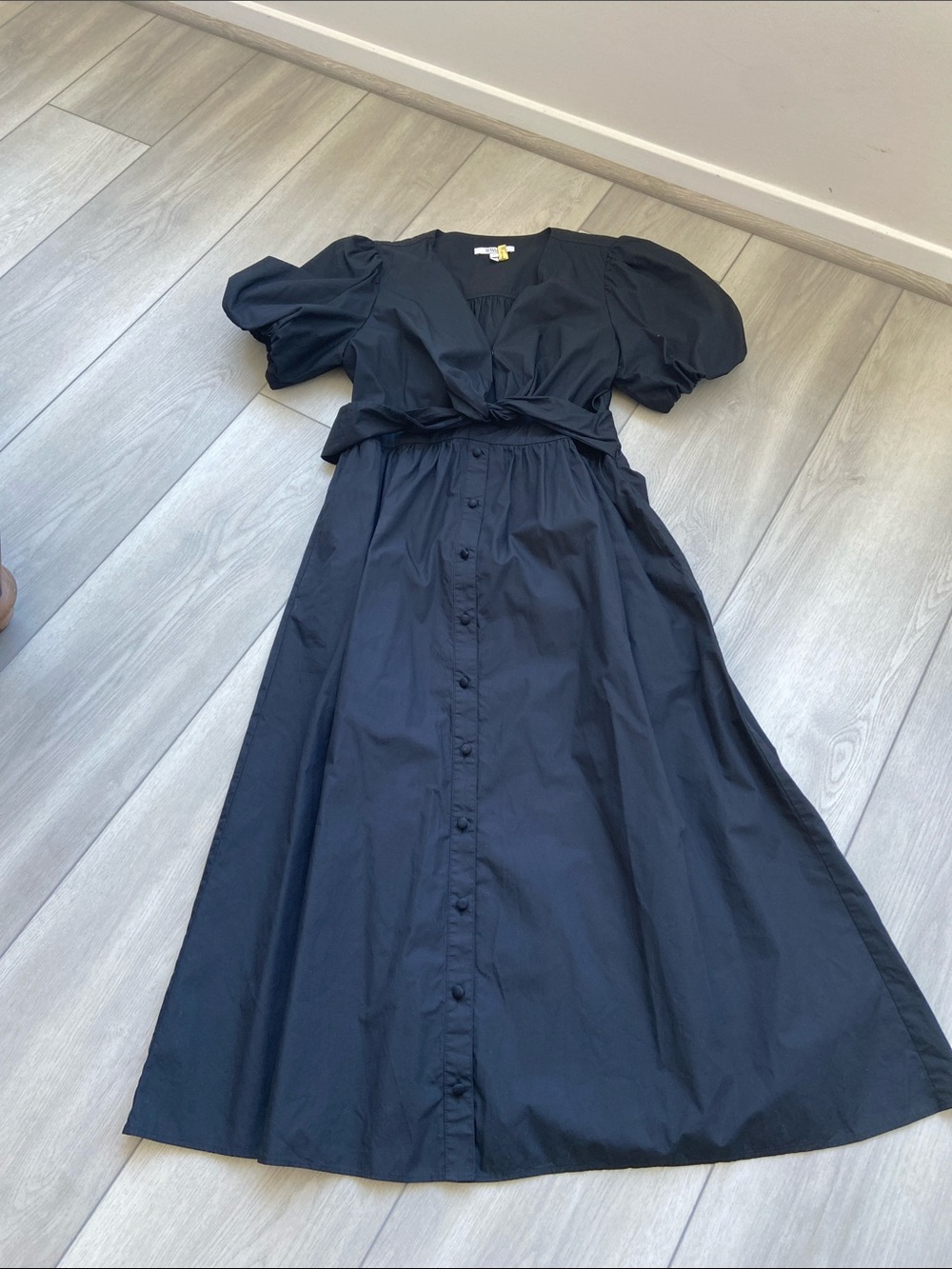 Black Button-Front Puff Sleeve Midi Dress